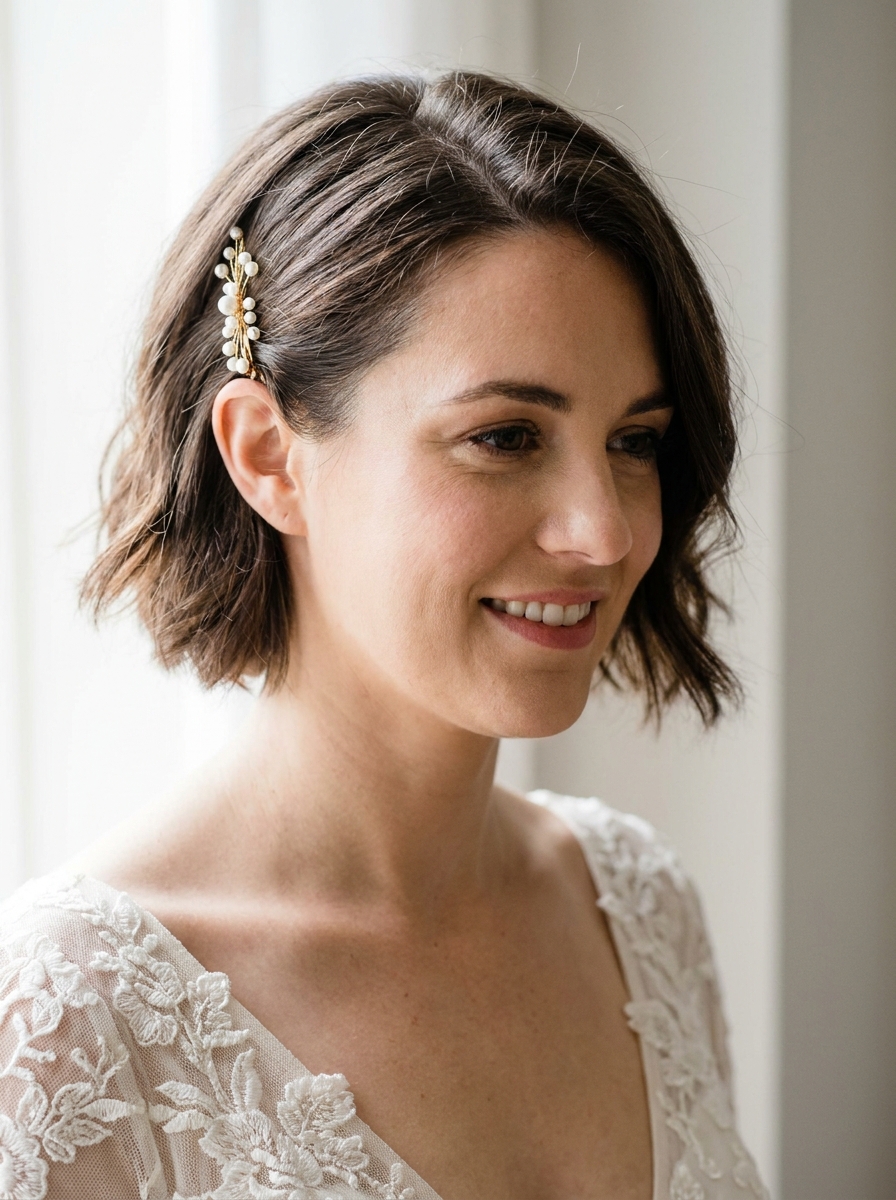 Bixie mit eleganter Haarspange - Brautfrisuren kurze Haare